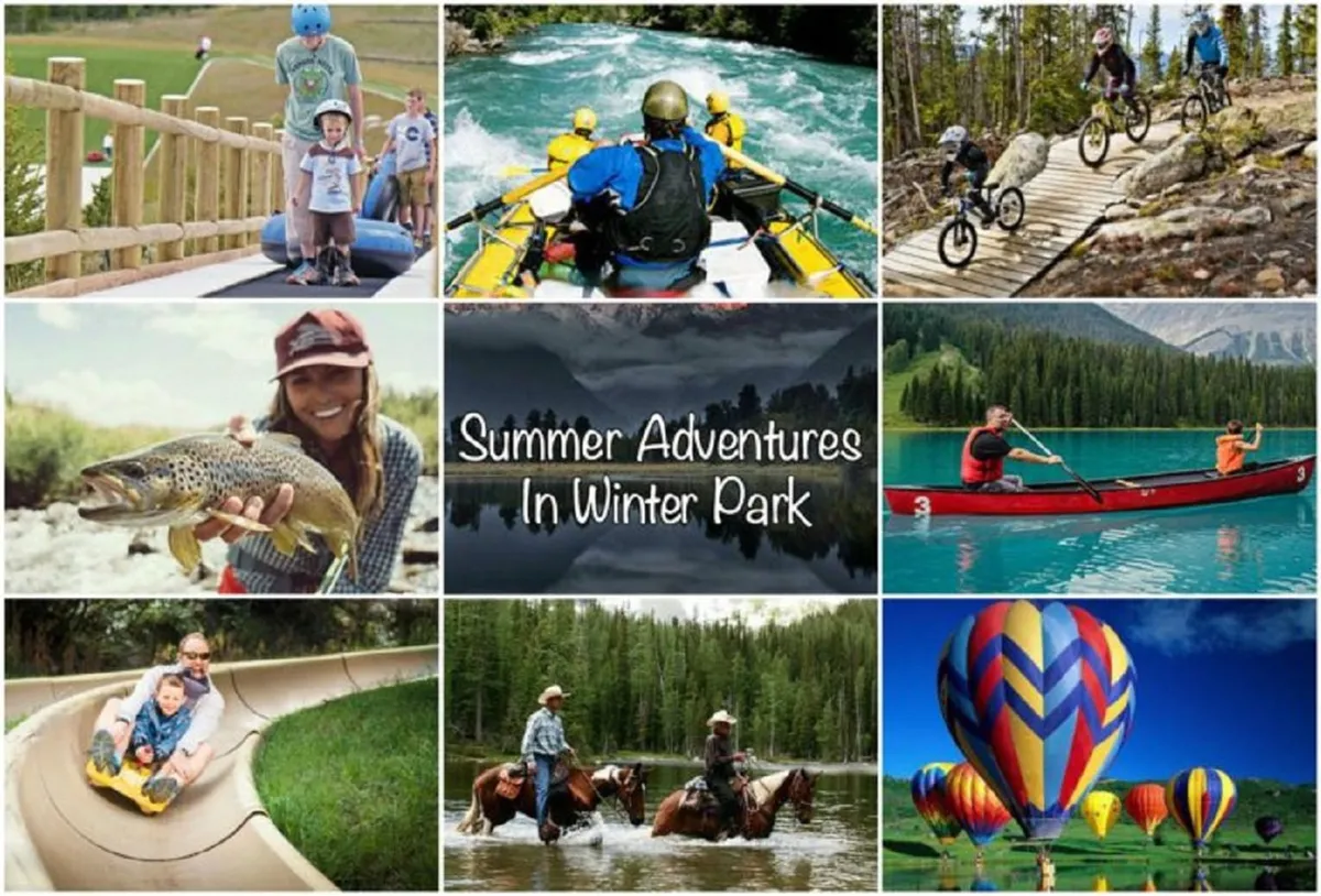 An energetic summer scene with families and friends biking along a scenic trail, kayakers gliding on a tranquil lake, and a colorful hot air balloon floating in the background. People are seen enjoying both land and water activities, with a vibrant, joyful atmosphere.