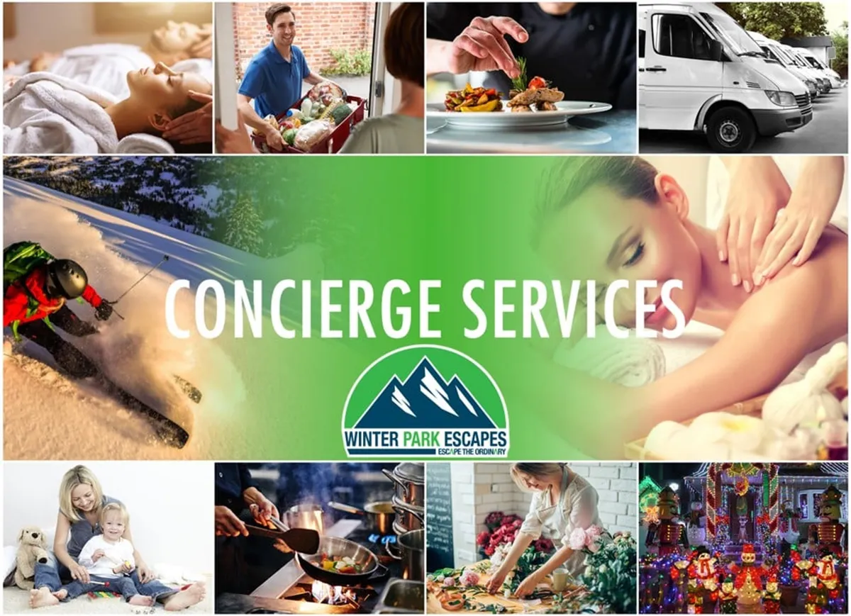 A collage-style interior image featuring ski-related activities, a visual reference to concierge services, and nods to family time and food delivery. The inclusion of a skier and spa elements subtly suggests amenities such as the dedicated ski locker and luxurious communal offerings.