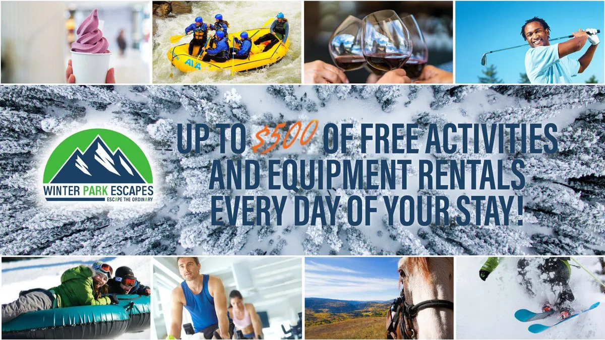 A dynamic collage of adventure activities: guests white-water rafting down a rushing river, skiing on a snowy mountain slope, savoring ice cream after a day outdoors, horseback riding amidst scenic landscapes, and enjoying group moments with glasses of wine. The image conveys high energy and the diversity of curated experiences available.
