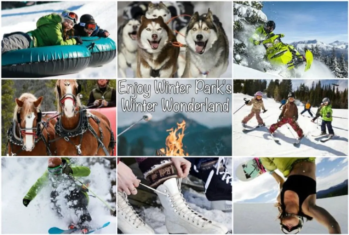 A vibrant winter scene showcasing guests snowmobiling across fresh powder, children skiing, people tubing down snowy hills, and cozy groups gathering by a fire pit. Huskies and a horse-drawn sled add unique, family-friendly touches.